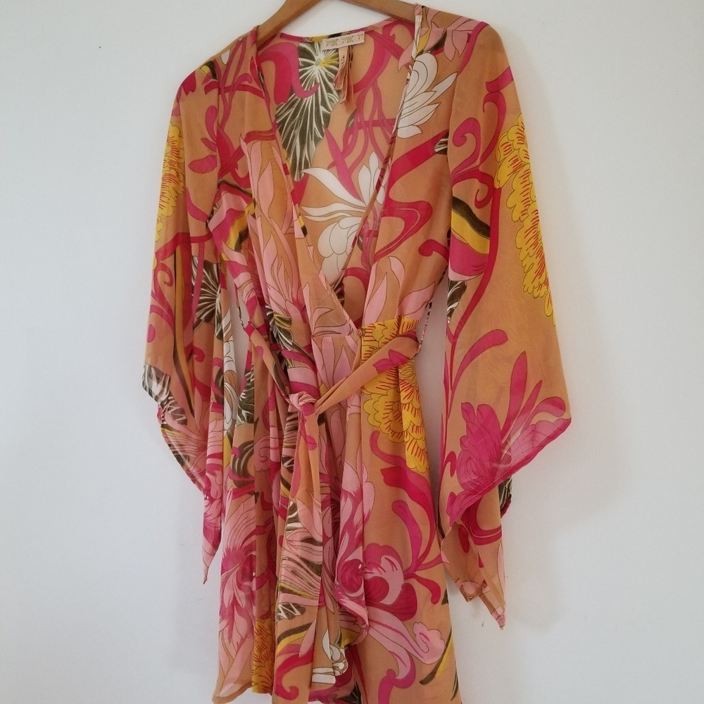 Andrew & Co Sheer Butterfly Sleeves Wrap Dress
